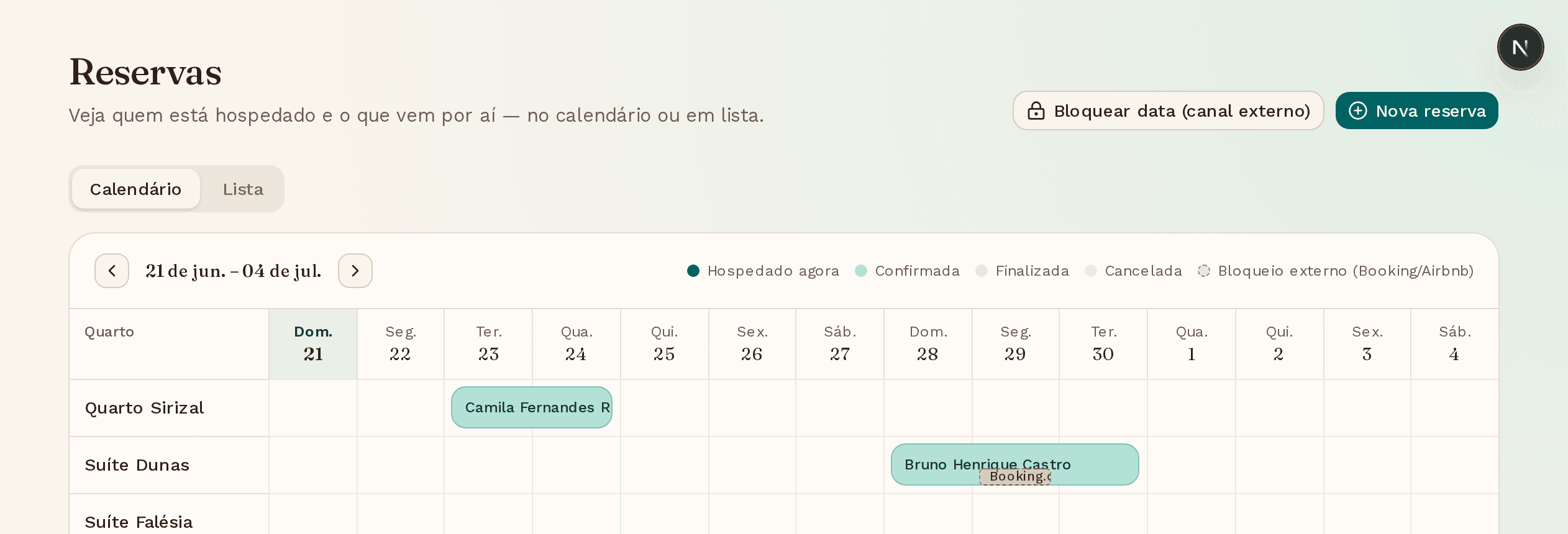 Calendário de reservas com os quartos nas linhas e os dias nas colunas
