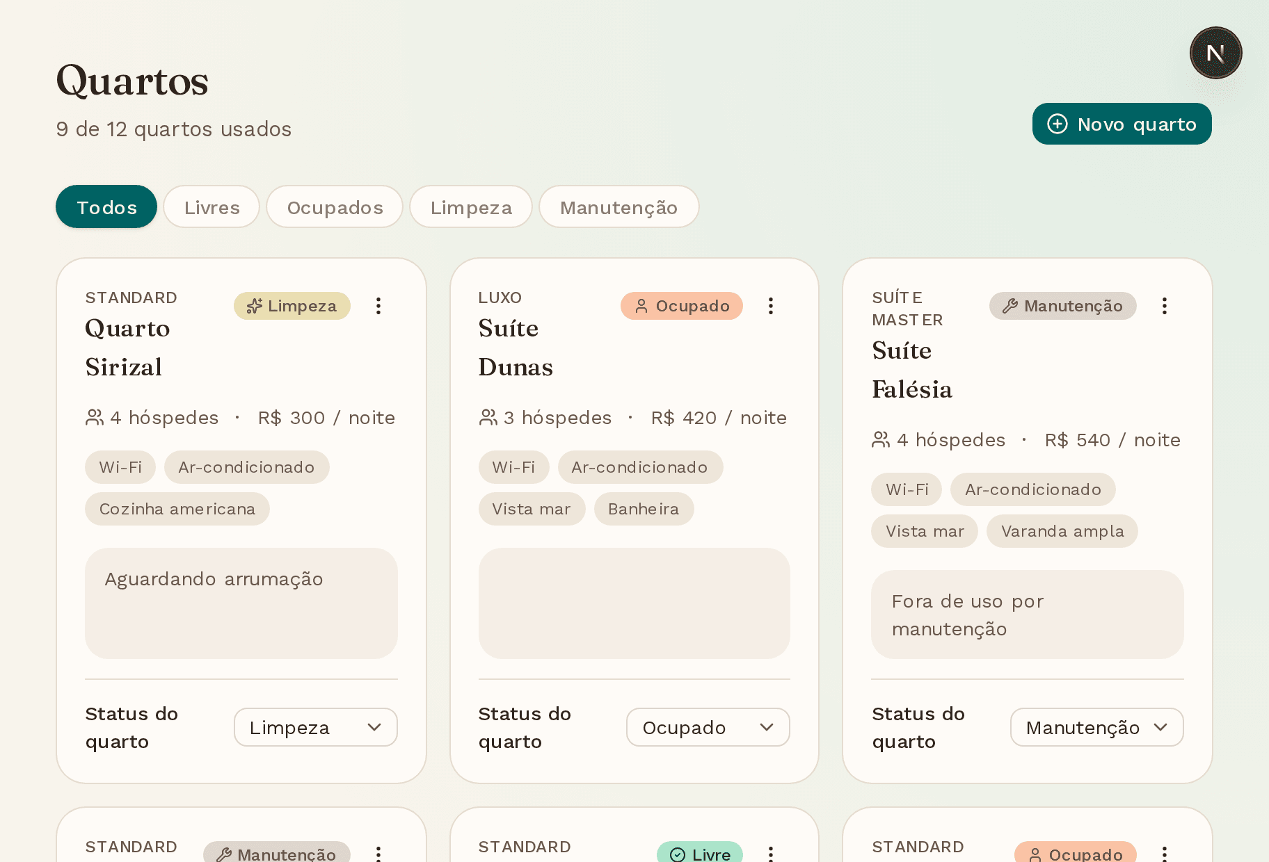 Lista de quartos com status de livre, ocupado, limpeza e manutenção